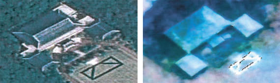 图为实际青瓦台和朝鲜打造的模型。左图为谷歌地球上拍摄的实际青瓦台，右图为阿里郎卫星拍摄的平壤市寺洞区域火力试验场的青瓦台模型。（照片由联合参谋本部提供）