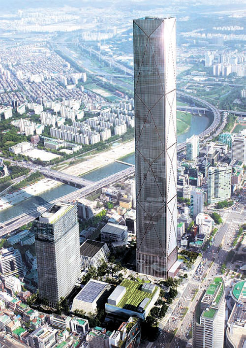 图为位于首尔三成洞即将建成的现代汽车集团新总部大楼——全球商业中心（GBC）鸟瞰图
