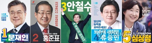 左起依次为文在寅、洪准杓、安哲秀、刘承旼、沈相奵。（韩联社）