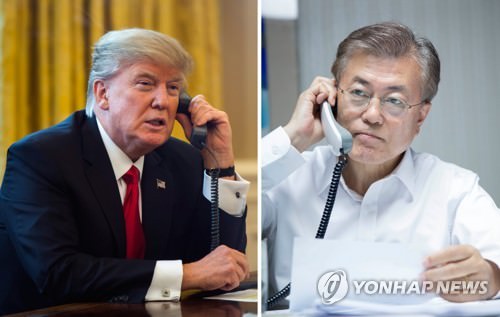 5月10日晚，韩国新任总统文在寅与美国总统特朗普通电话（韩联社/青瓦台提供）