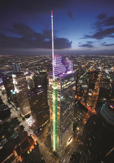 图为成为洛杉矶地标建筑的wilshire grand中心.