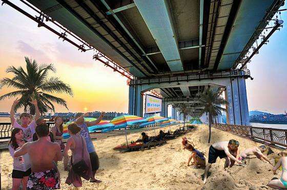 汉江桥上营建沙滩 潜水桥变避暑胜地