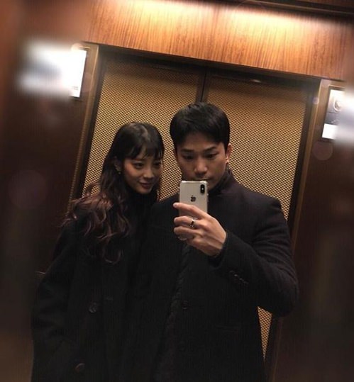 资料图片：MBLAQ成员G.O（右）和演员崔艺瑟（韩联社/G.O IG截图）