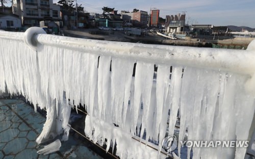 资料图片：1月25日下午，在蔚山市东区的朱田海岸路，数日严寒天气让栏杆上结满了波浪形成的冰锥。（韩联社）