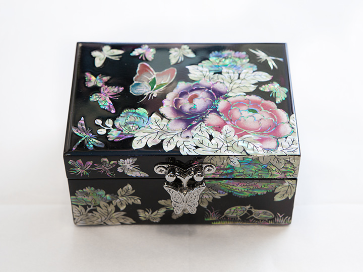 Z841 螺鈿細工 李朝家具 箪笥 韓国 豪華絢爛 孔雀 家具 工芸美術 黒塗