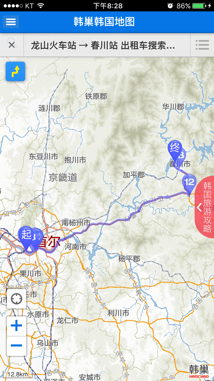 “首尔站->春川站”的韩巢地图搜索结果