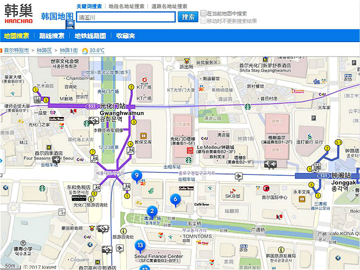 韩巢地图上显示的清溪川流经区域