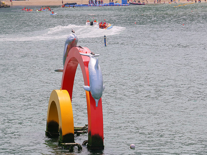 海豚造型的雕像有几只鸟站在上面