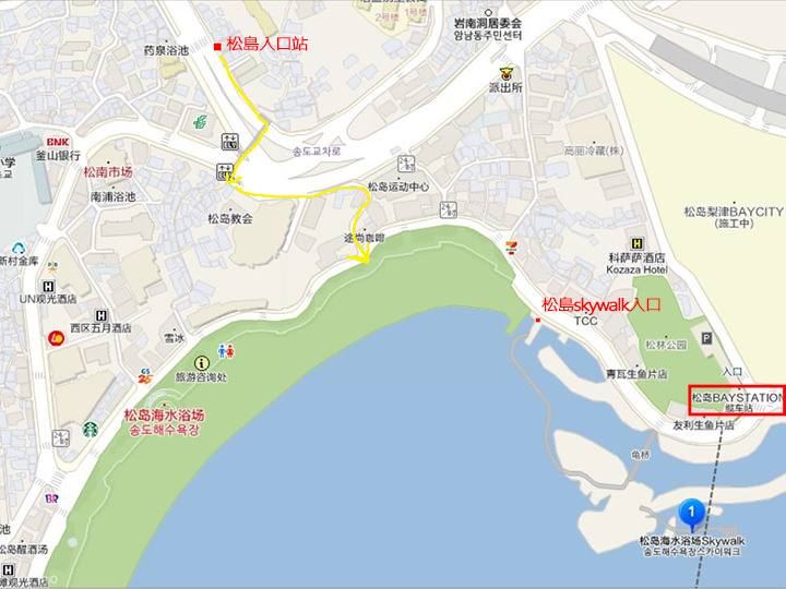 搭乘30、96、7路公车在松岛海水浴场站(송도해수욕장)下车的路线
(截图自:韩巢地图网)