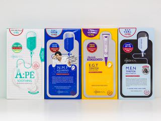 (左起)美迪惠尔(MEDIHEAL)“祛痘精华面膜”、“N.M.F补水面膜”、“E.G.T弹力面膜”、“M.E.N时间驻颜面膜”