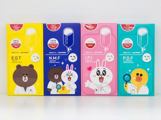美迪惠尔(MEDIHEAL)可爱的LINE造型面膜(左起)“E.G.T弹力面膜”、“N.M.F补水面膜”、“I.P.I美白面膜”、“P.D.F祛痘面膜”