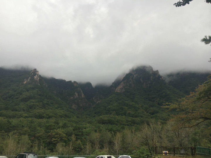 公园入口旁边的山雾气缭绕