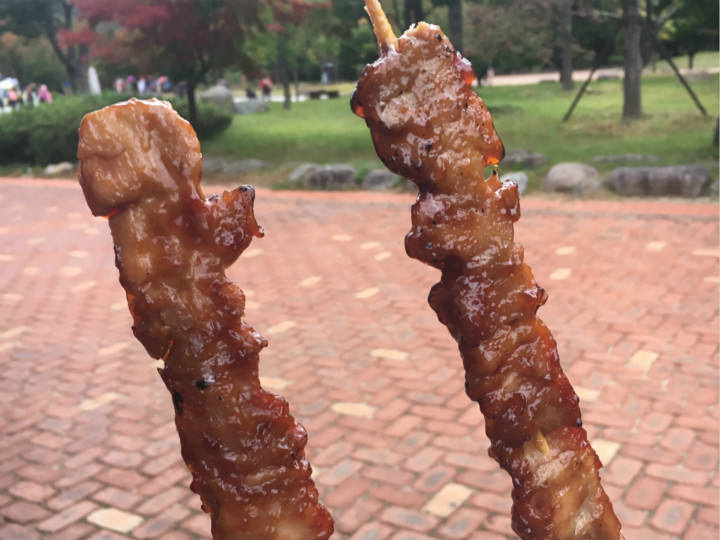 在小吃店买了韩国街头小吃——鸡肉串