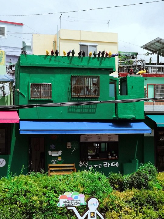 深绿色的咖啡厅和屋顶的鸟