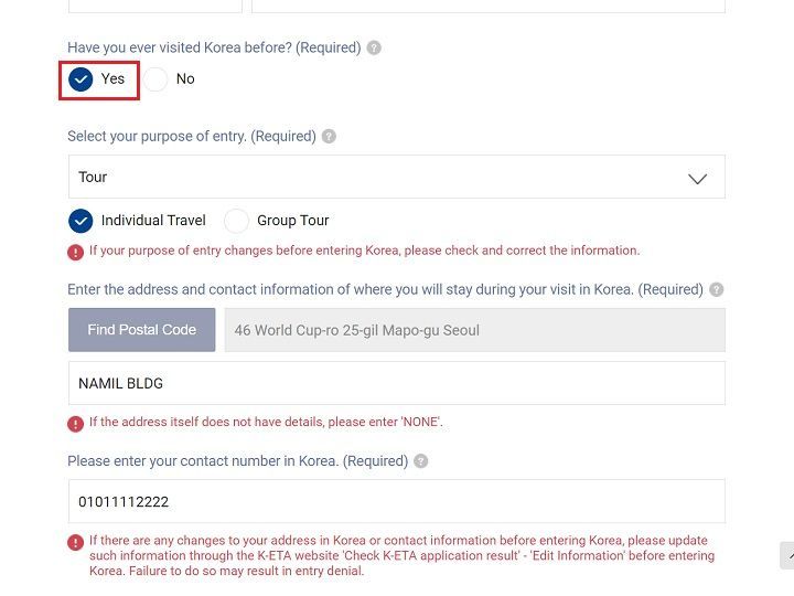 3.此前是否有过访韩经历。有选Yes,无选No