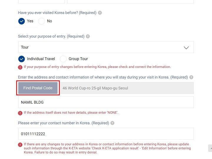 5.输入在韩滞留地英文地址。再点击“Find Postal Code”