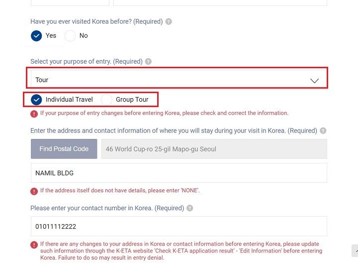 4.本次访韩目的。如果是旅游时自由行选“Individual Tour”,旅行团选“Group Tour”