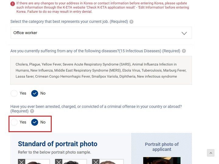 12.勾选是否在本国或其他海外地区有犯罪记录,没有选No