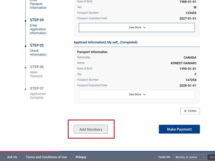 同行人可由代表人一同申请。点击“Add Members”键后重复第三步、第四步的内容,在确认画面就能看到同伴的信息了,一次最多可申请30人。