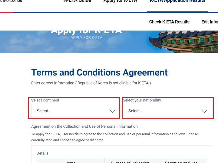 1.选择申请人所在的洲及地区。(非K-ETA可申请对象时会有弹窗提示)