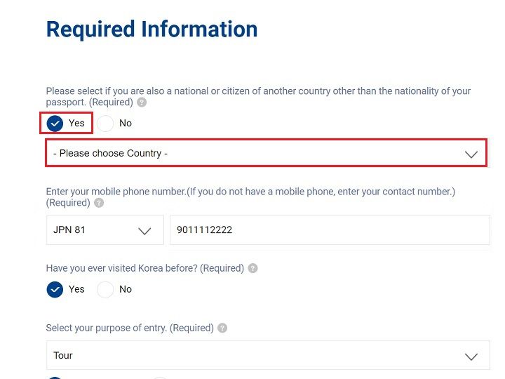 1.选择申请人是否为双重国籍。双重国籍者勾选Yes后输入第二国籍名,非双重国籍者选No