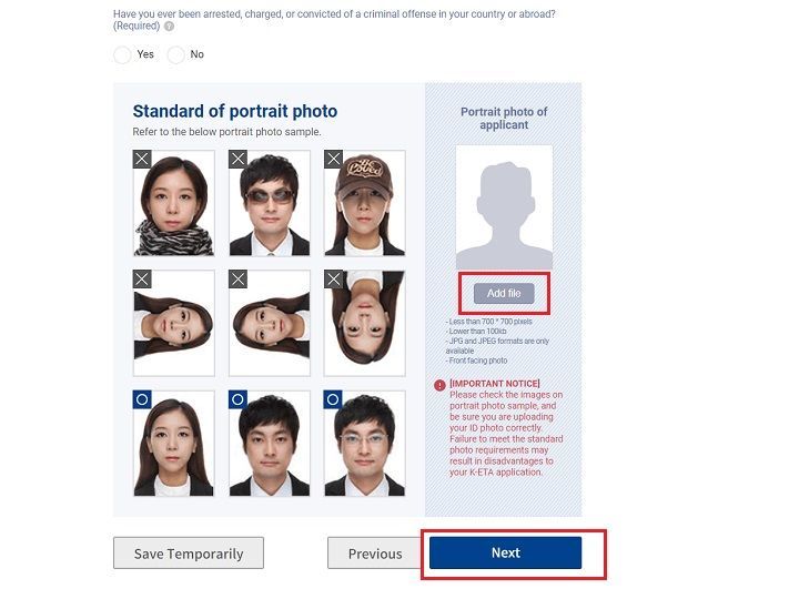 13.参考图片示例上传正面照片。图片大小不可超过100KB,宽不可超过700像素。仅限JPG、JPEG格式可上传,上传完毕后点击Next