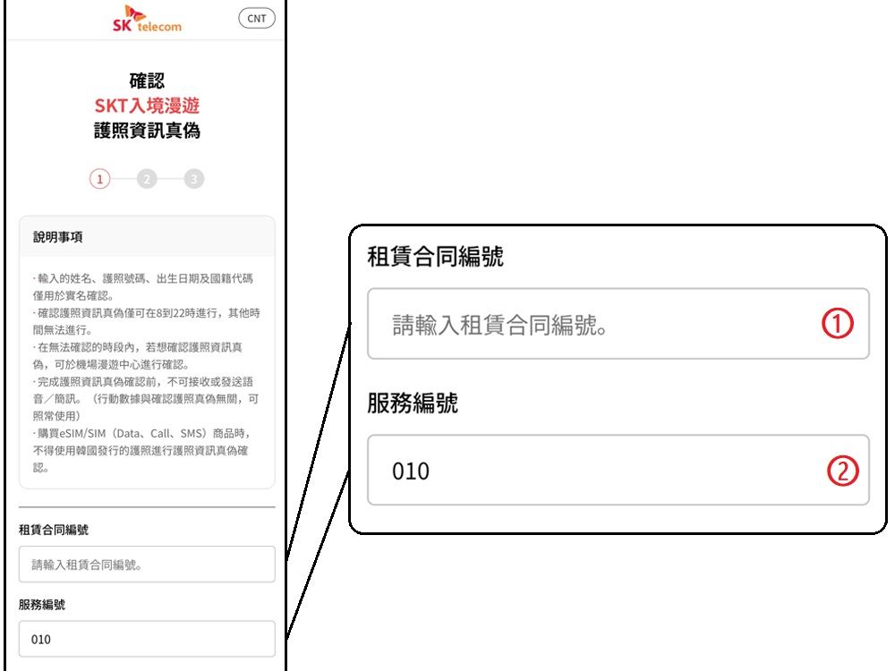 3.按要求填寫基本信息後,其中
①租賃合約編號為「預訂確認書」中記載的“Rental management number”
②服務編號為「預訂確認書」中的號碼