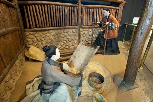 再现了安岳3号坟墓上的壁画
使用农具砸撵谷物的样貌(高句丽)